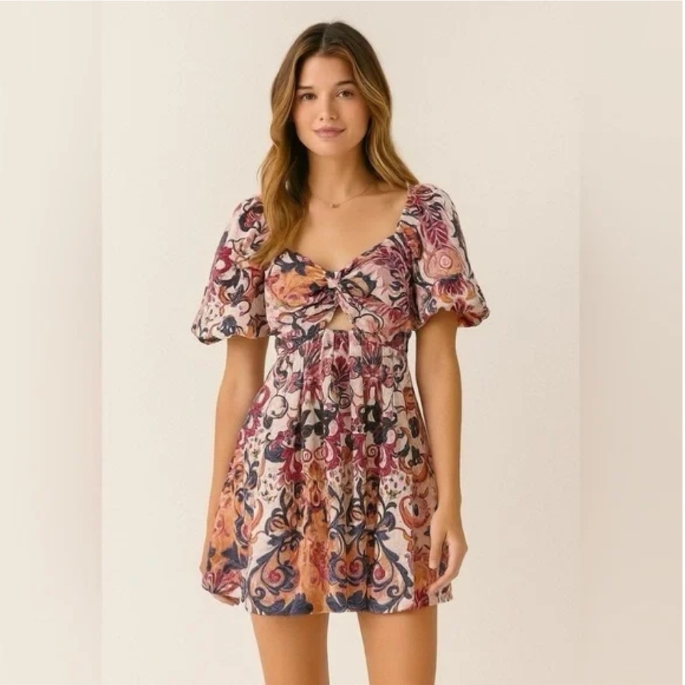 House of Harlow 1960 Mini Lavender/ Pink Floral Print Dress, Puff Sleves Sz 6